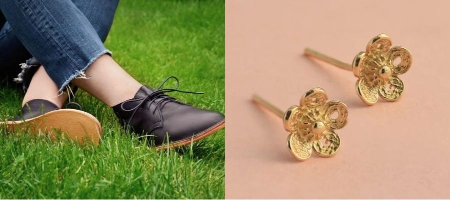 کفش کف چرمی و گوشواره طلایی میخی برای زنان